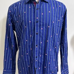 Robert Graham Men's Button-Up Shirt Large Flip-Cuff Blue/Red Striped Floral